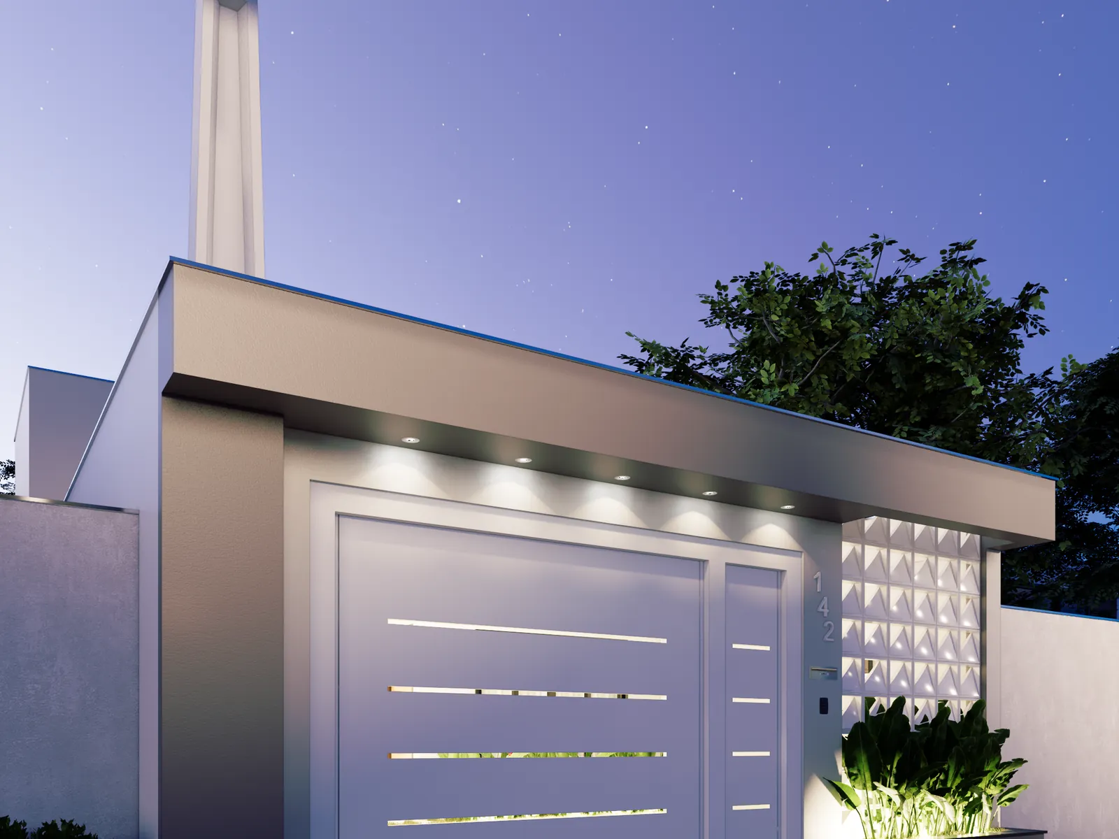 Fachada da planta 7 × 20 ao anoitecer, com luzes acesas