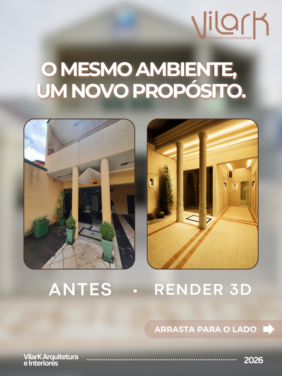 Do ambiente existente ao projeto pensado para transformar a experiência.

Neste antes e depois, a proposta da VilarK foi trazer um novo olhar para o espaço: mais presença, mais iluminação, mais sofisticação e uma circulação pensada para valorizar cada detalhe.

O render 3D permite visualizar o resultado antes da obra acontecer, entender as escolhas do projeto e enxergar o potencial que muitas vezes o espaço já tem, mas ainda não foi explorado.

Mais do que mudar a aparência, projetar é dar função, identidade e propósito ao ambiente.

Quando existe projeto, cada escolha tem um motivo.

VilarK Arquitetura e Interiores
Projetos que transformam espaços com estética, função e propósito.

#vilarkarquitetura #arquitetura #arquiteturadeinteriores #antesedepois #render3d projeto3d visualizacao3d