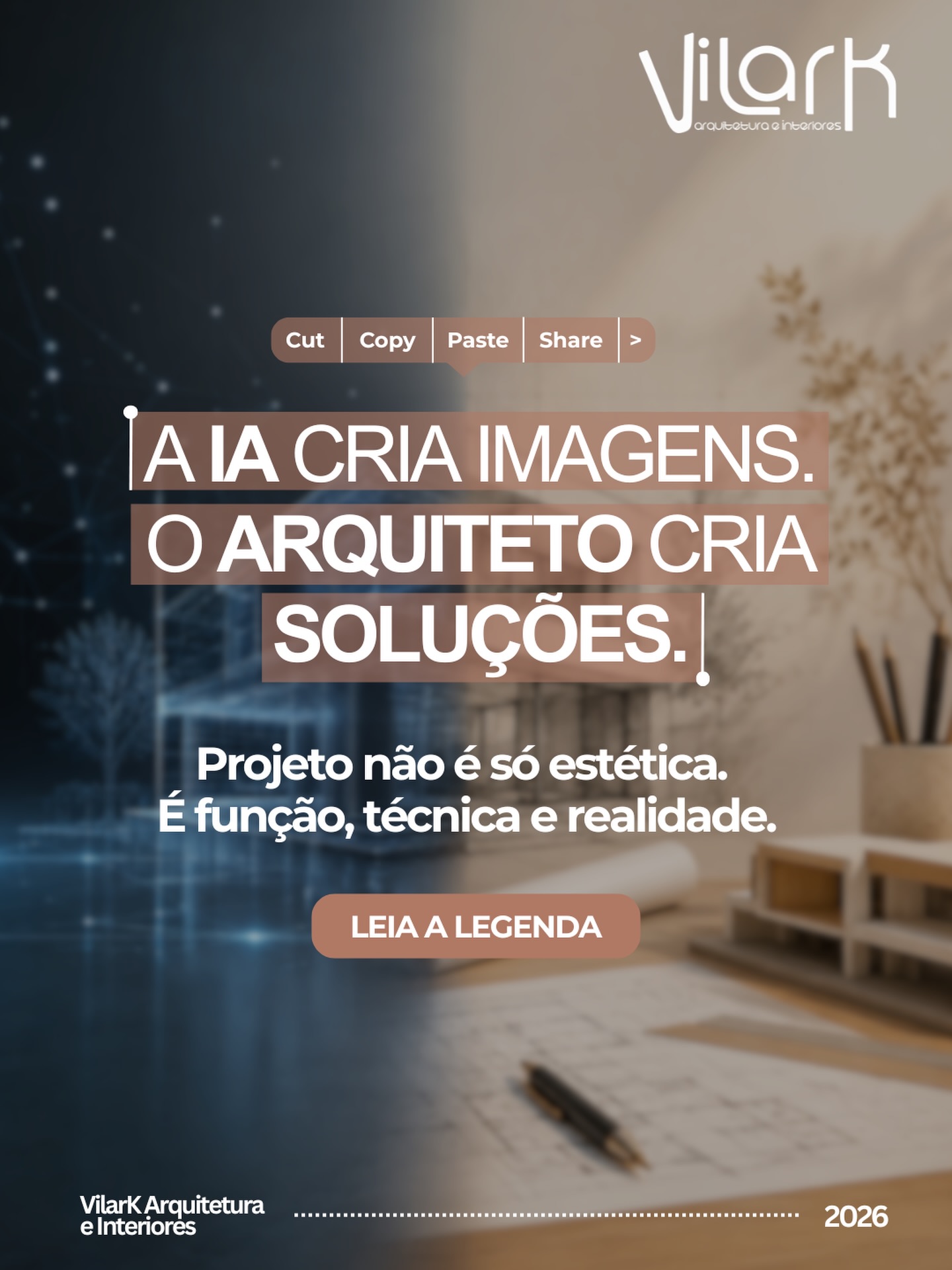 A inteligência artificial pode gerar uma imagem bonita em segundos.
Mas uma imagem bonita, sozinha, não sustenta uma obra.

Ela não entende sua rotina.
Não mede o seu espaço.
Não considera seu orçamento.
Não prevê os desafios da execução.
E não garante que aquilo realmente funcione na prática.

A IA pode inspirar ideias.
Mas o arquiteto transforma essas ideias em projeto: com função, técnica, segurança, estética e realidade.

Porque projetar não é apenas imaginar como algo pode ficar.
É entender como aquilo vai funcionar para quem vai viver, usar e construir aquele espaço.

Imagem inspira.
Projeto realiza.

VilarK Arquitetura e Interiores
Projetos pensados para sair do papel com clareza, propósito e funcionalidade.

#vilarkarquitetura #arquitetura #arquiteturadeinteriores #inteligenciaartificial #ia projetoarquitetonico projeto3d